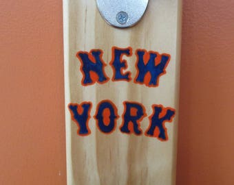 New York Mets Wall Mounted Wooden Magnetic Bottle Opener with magnetic cap catcher bottle cap catching opener