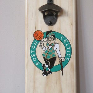 Boston Celtics Wooden Bottle opener with magnetic cap catcher bottle cap catching opener