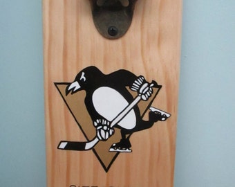 Pittsburgh Penguins  Wooden Bottle opener with magnetic cap catcher bottle cap catching opener