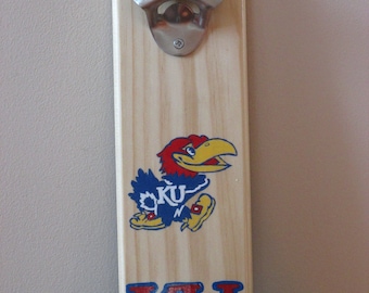 University of Kansas Jayhawks KU Wooden Bottle opener with magnetic cap catcher bottle cap catching opener