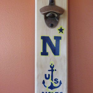 Navy Wall Mounted Wooden Magnetic Bottle Opener with magnetic cap catcher bottle cap catching opener image 1