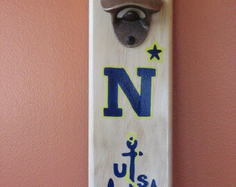 Navy Wall Mounted Wooden Magnetic Bottle Opener with magnetic cap catcher bottle cap catching opener