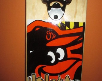 Baltimore Orioles B-More Skyline Wall Mounted Wooden Bottle Opener with magnetic cap catcher bottle cap catching opener