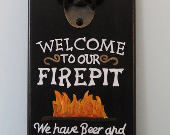 Welcome to our Firepit or Campfire wall mounted wooden bottle opener with magnetic cap catching feature