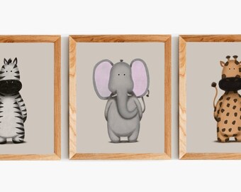Safari Set of 3 Prints, Neutral Nursery Print Set, Lion Elephant Zebra Prints, Animal Illustration Artwork, Nursery Minimal Decor, Kids Room