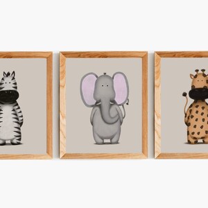 Safari Set of 3 Prints, Neutral Nursery Print Set, Lion Elephant Zebra Prints, Animal Illustration Artwork, Nursery Minimal Decor, Kids Room