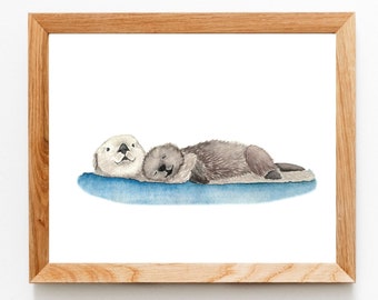 Berçário de lontra, estampa de lontra bebê, presente de lontra, animais de berçário de bebê, estampas de animais, estampas de animais marinhos, estampa de aquarela, aquarela de lontra