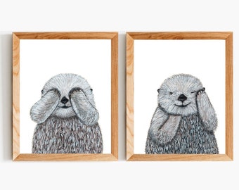 Otters Print Peekaboo, Peekaboo Animal Nursery, Set of 2 Prints, Baby Otter Kids Room, Otter Wall Art Set, Nursery Print Set of Two