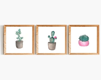 Cactus Mini Art Prints, 5x5 Print Set, Set of 3 Prints, Tiny Paintings, Miniature Paintings, Mini Succulents, Small Paintings