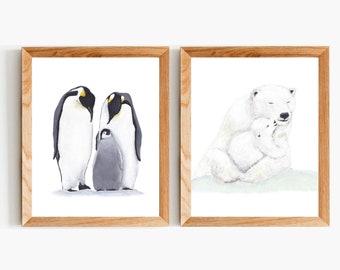 Set of 2 Prints, Nursery Arctic Animal Prints, Set of 2, Baby Nursery Animal Art, Penguin Prints, Polar Bear Nursery, Animal Family Prints
