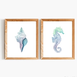 Beach Print Set, Coastal Print Set of 2, Set of 2 Printable, Set of Two Prints, Seashell Print, Seahorse Print, Instant Download Art