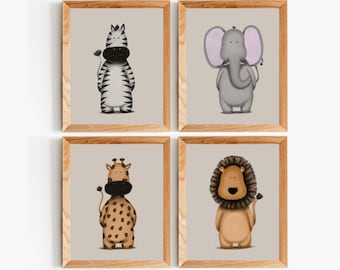 Safari Animals Print Set, Nursery Print Set of 4, Safari Nursery Decor, Giraffe Zebra Lion Elephant, Neutral Nursery Print Set