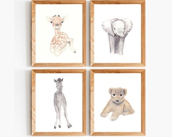 Safari Nursery Animal Prints, Safari Nursery Decor, Set of 4 Prints, Giraffe Art, Baby Elephant, Set of 4 Nursery Art