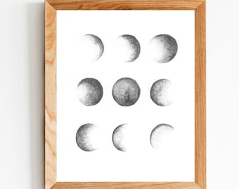 Maanfasen Print, Maanfasen Wall Art, Moon Print, Moon Phase Wall Hanging, Hemelse Aquarel, Space Print, Aquarel Printable