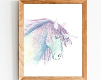 Impressão em aquarela de unicórnio, arte para impressão de unicórnio, impressão de arte de unicórnio, berçário temático de unicórnio, decoração de berçário de unicórnio, berçário de unicórnio