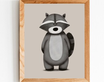 Woodland Animal Prints, Raccoon Nursery Art, Woodland Nursery Prints, Raccoon Illustration, Baby Room Wall Art, Neutral Nursery Decor