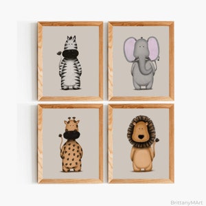 Safari Animals Print Set, Nursery Print Set of 4, Safari Nursery Decor, Giraffe Zebra Lion Elephant, Neutral Nursery Print Set