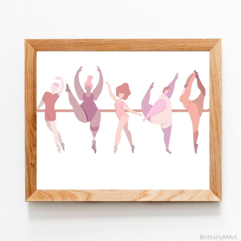May include: Five figures in various poses, all wearing pink and purple leotards, are shown in a ballet pose at a barre. The figures are all different shapes and sizes, representing body positivity.