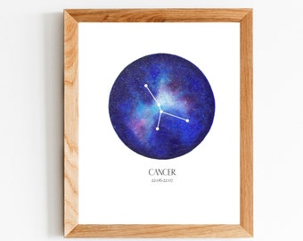 Zodiac Print, Zodiac Sign Art, Astrology Gift Ideas, Astrology Art Print, Galaxy Art, Constellation Print, Horoscope Print, Cancer Star Sign