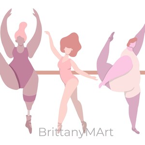May include: Three figures in pink leotards are practicing ballet at a barre. The figures are in various poses, with one figure in a split, one figure in a relev&eacute;, and one figure in a d&eacute;velopp&eacute;.