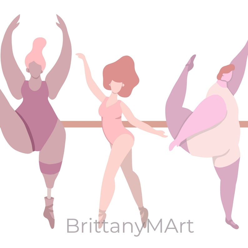 May include: Three figures in pink leotards are practicing ballet at a barre. The figures are in various poses, with one figure in a split, one figure in a relev&eacute;, and one figure in a d&eacute;velopp&eacute;.