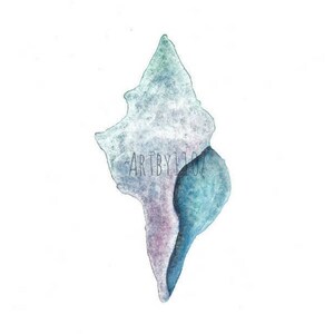 May include: A watercolor painting of a seashell in shades of blue, purple, and white. The shell is depicted in a stylized, abstract manner, with soft edges and flowing lines.