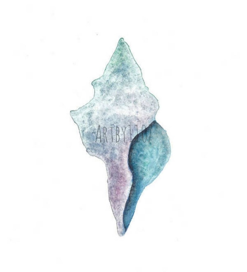 May include: A watercolor painting of a seashell in shades of blue, purple, and white. The shell is depicted in a stylized, abstract manner, with soft edges and flowing lines.