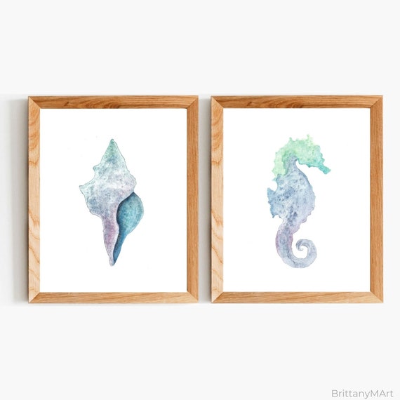 Beach Print Set, Coastal Print Set of 2, Set of 2 Printable, Set of Two Prints, Seashell Print, Seahorse Print, Instant Download Art