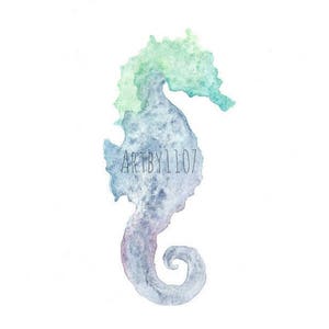 May include: A watercolor painting of a blue and green seahorse. The seahorse is facing right and has a curled tail. The painting is on a white background.