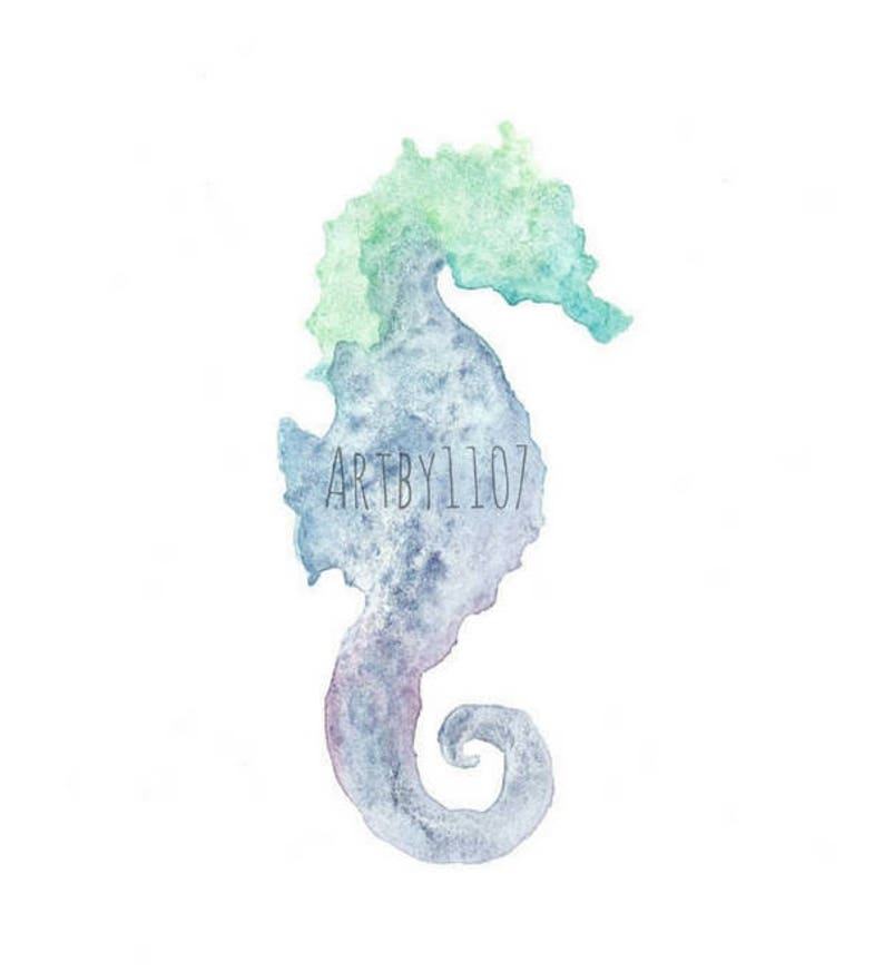 May include: A watercolor painting of a blue and green seahorse. The seahorse is facing right and has a curled tail. The painting is on a white background.