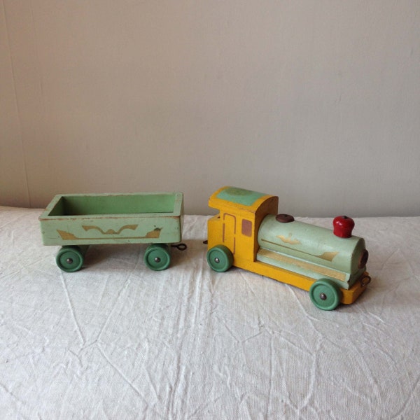 Vintage Toy Train - Old Wooden Train - Painted Wood Train Engine and Carriage - Folk Art Train - Decorative Toy Train Vintage Nursery Decor