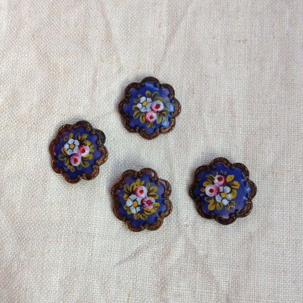 Vintage Enamel Buttons - Floral Enamel Buttons - Four Old Hand-Painted Buttons - Collectible Buttons