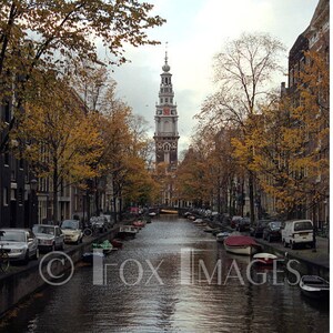 Amsterdam, Canal, Fall Leaves, Autumn Decor, Fine Art Print, Leaves, Thanksgiving, Church, Europe, Water Reflections, Boats