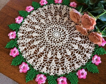 Crochet Doily, Made to Order Doily, Crochet Pink Rose Doily, Crochet Floral Doily, Roses Centerpiece,  19 Inches Round Doily