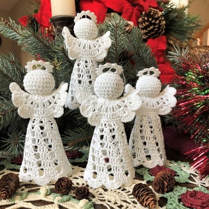 Crochet Christmas Angel Ornaments - Set of 4 White Cotton Angels