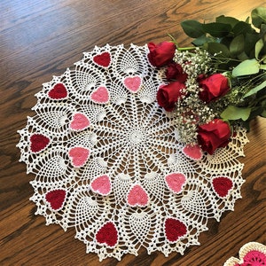 Crochet Heart Doily,  Valentine's Day Doily,  Small Round Table Topper, 19 Inches  Round Doily; Valentines Day Decors, Valentine's Day