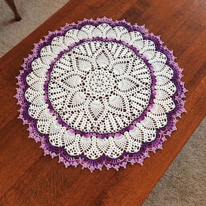 Crochet Pineapple Doily: 21&quot; Round Table Centerpiece, Purple & White
