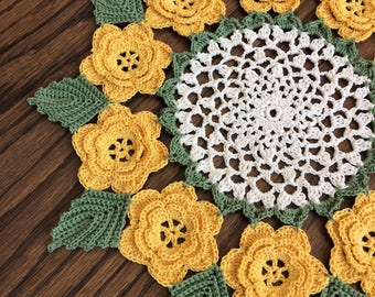 Crochet Doily, Made to Order Doily, Yellow Rose Doily, Crochet Floral Doily, 12 Inches Round Doily,  Housewarming gifts, Unique Gifts