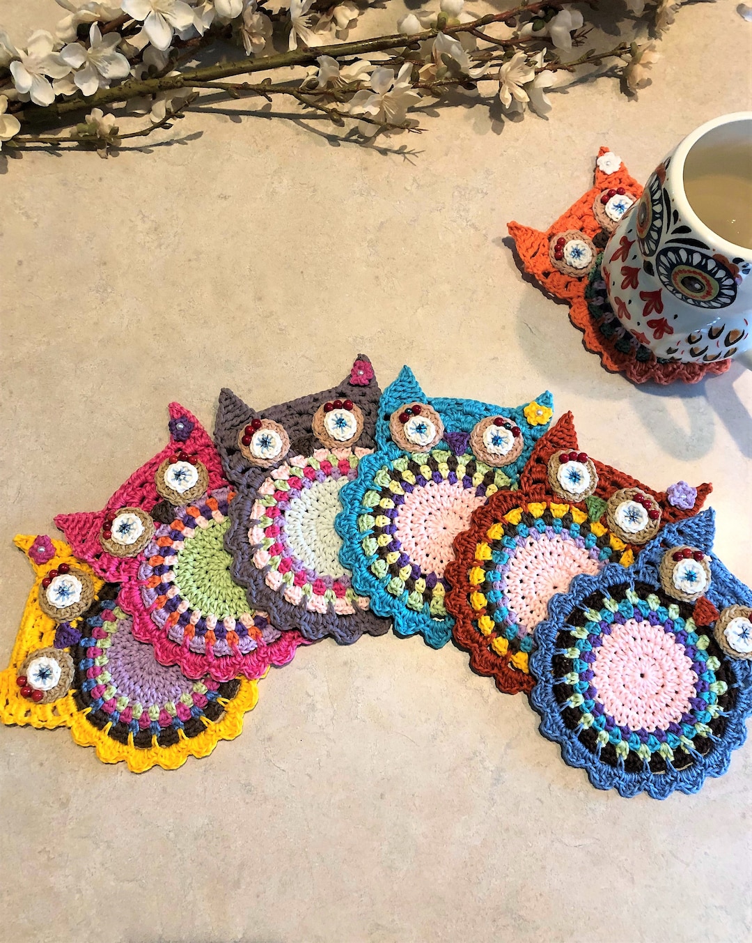 Crocheted Owl Coasters Crochet Owl Owl Coasters Drinking Etsy