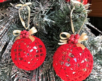 Crochet Ball Ornaments, Set of 2 Balls, Christmas Tree Ornaments, Red Ball Ornaments, Handmade Ornaments, Ornaments for Christmas Tree