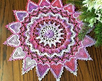 Crochet Doily, Made to Order, Crochet Heart Doily, Hearts Doily, Valentine's Day Doily, Valentine's Day Table Decor, 17 Inches Round Doily