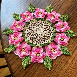 Crochet Rose Doily: 12-Inch Floral Centerpiece, Pink & Green