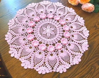 Crochet Pineapple Lace Doily: 20" Pink Table Topper