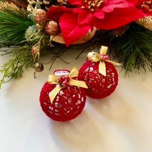 Handmade Crochet Christmas Ball Ornaments: Red Cotton Holiday Decor