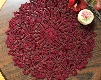 Crochet Doily, 19 Inches Round Doily, Handmade Doily, Burgundy Doily, Crochet Pineapple Doily