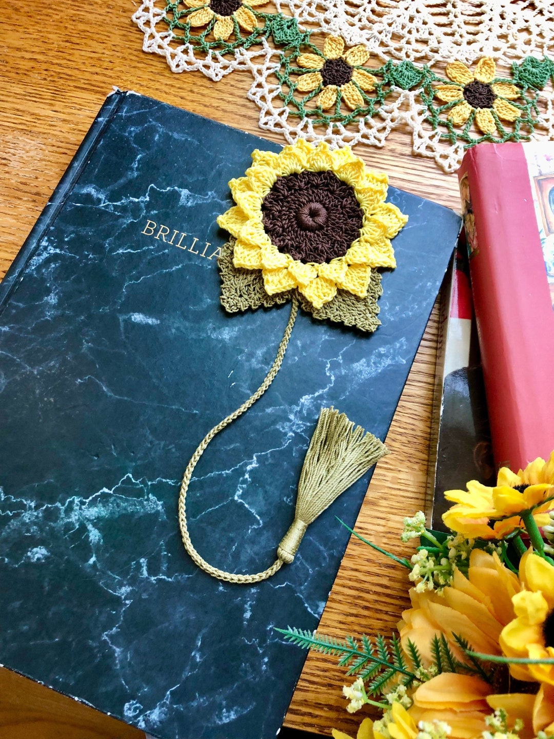 Crochet Bookmark Sunflower Bookmark Crochet Flower Bookmark Etsy