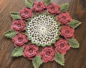 Crochet Doily;  Made to Order; Crochet Flower Doily; Rose Doily; Crochet Floral Doily; Handmade Doily; 12 Inches Round Doily; Summer Doily