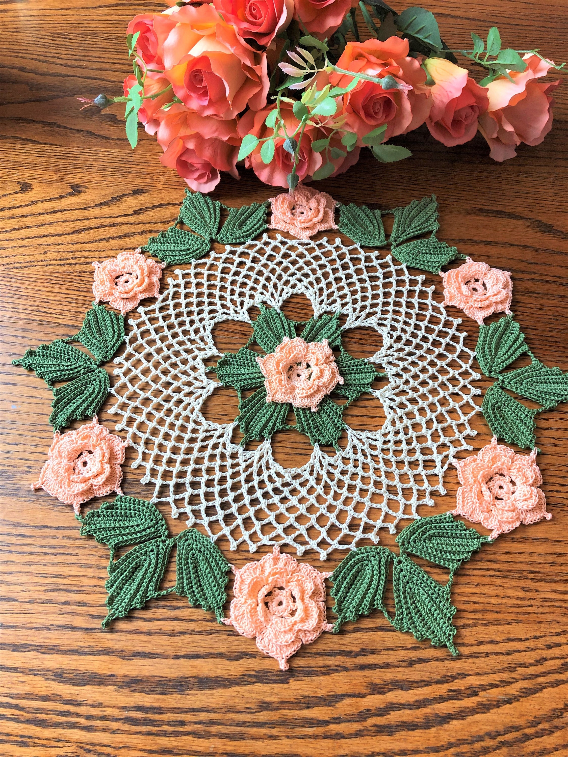 Crochet Rose Doily: Lt. Peach Floral Decor, 15 Inch - Etsy, image size:2250x3000