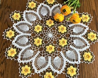 Crochet Doily, Made to Order, 21 Inches Round Doily, Pineapple Rose Doily,  Spring Doily,  Crochet Yellow Rose Doily, Home Decors