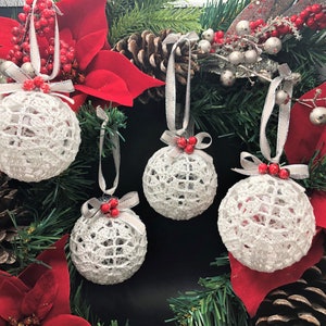 Crochet Christmas Ball Ornaments: Set of 4 Handmade Cotton Decorations